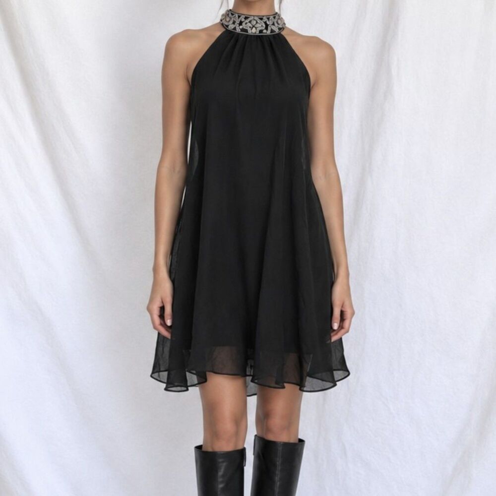 Vintage Y2K Black Halter Neck Beaded Chiffon Mini Shift Cocktail Dress Size XS/S